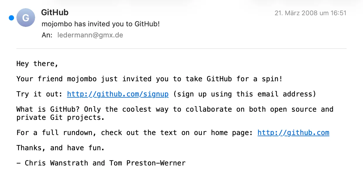 Persönliche GitHub-Einladung von mojombo (Tom Preston-Werner) aus dem Jahr 2008